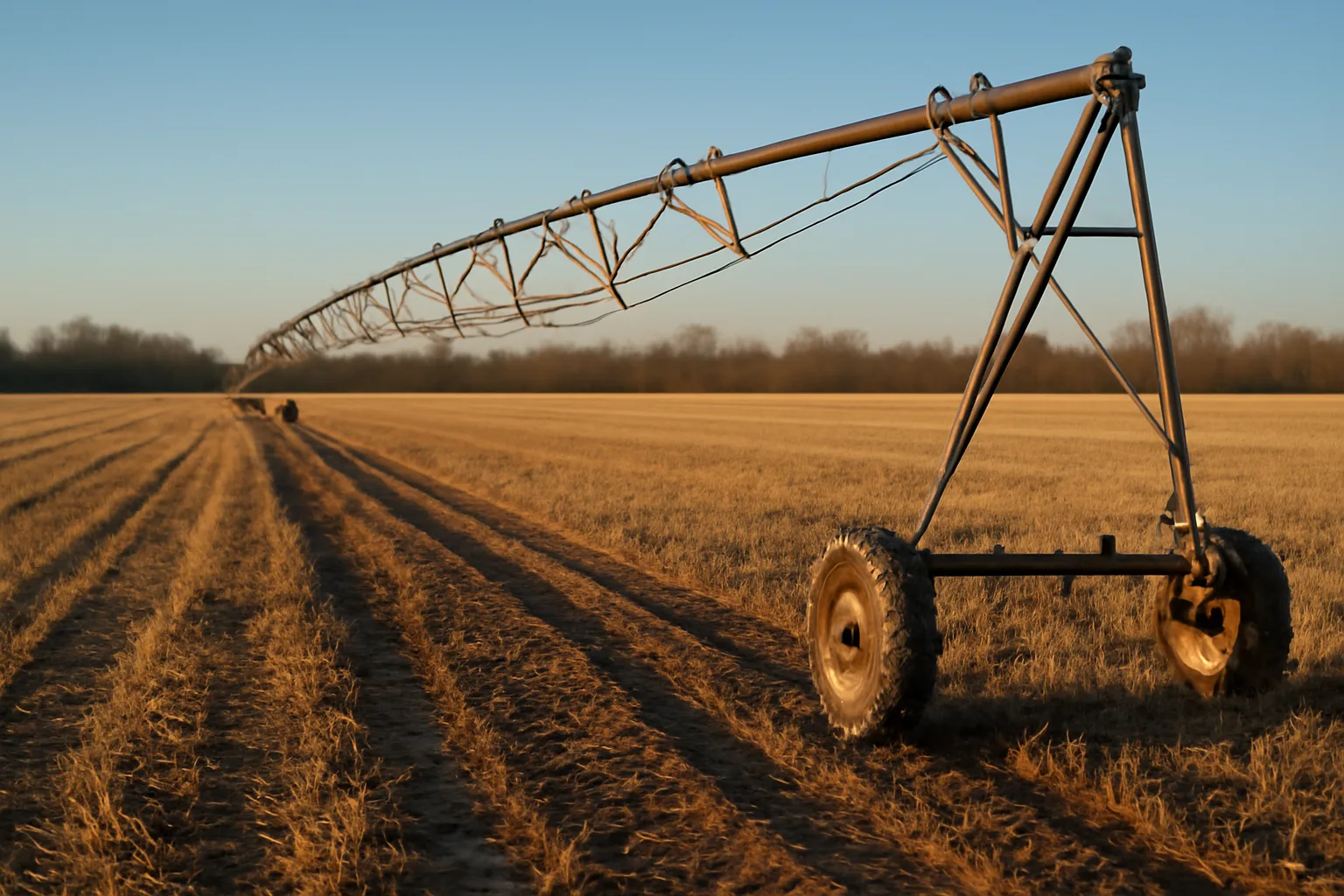 Idle center pivot spans an Arkansas rice field after harvest
