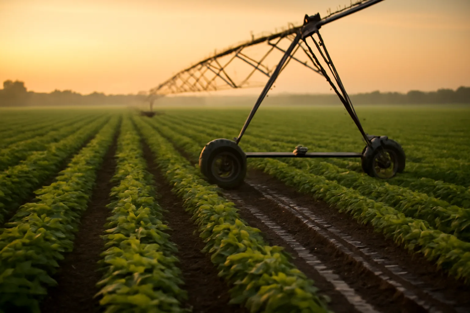 Center pivot over an Arkansas Delta soybean field at dawn