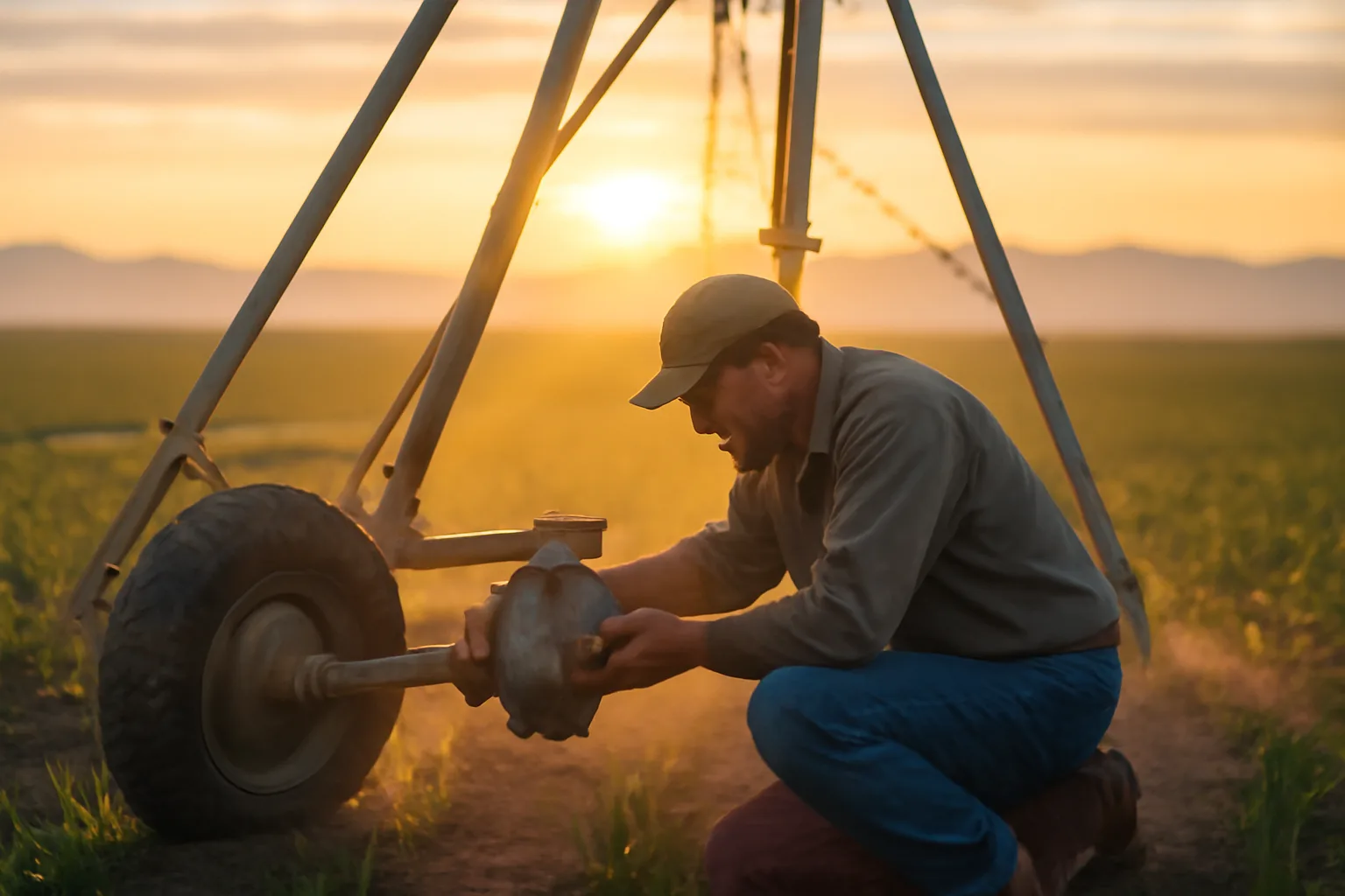 Mechanic checks a center pivot gearbox on the Colorado plains