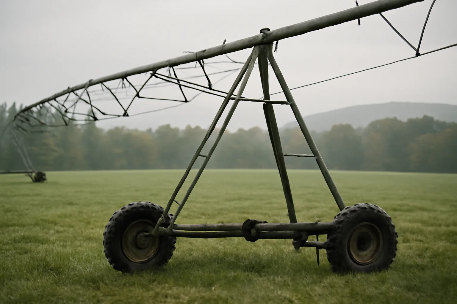 Steel center pivot tower standing in a wet Connecticut field