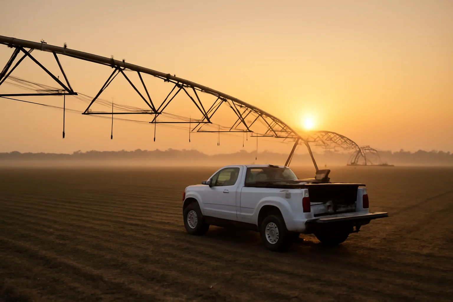 Center pivot irrigation system at sunrise in a Tennessee farm field with a repair service truck nearby