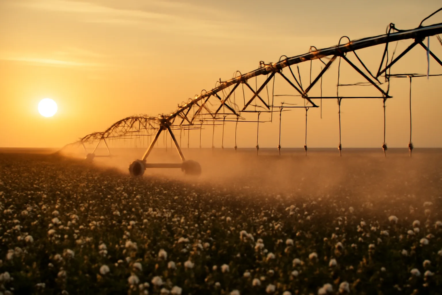 Center pivot irrigation system rolling across a flat West Texas cotton field at sunset