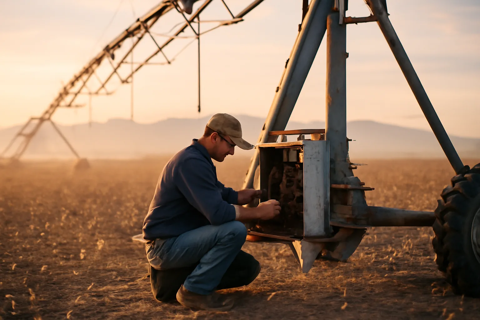 Mechanic repairing a center pivot tower in an Arizona field