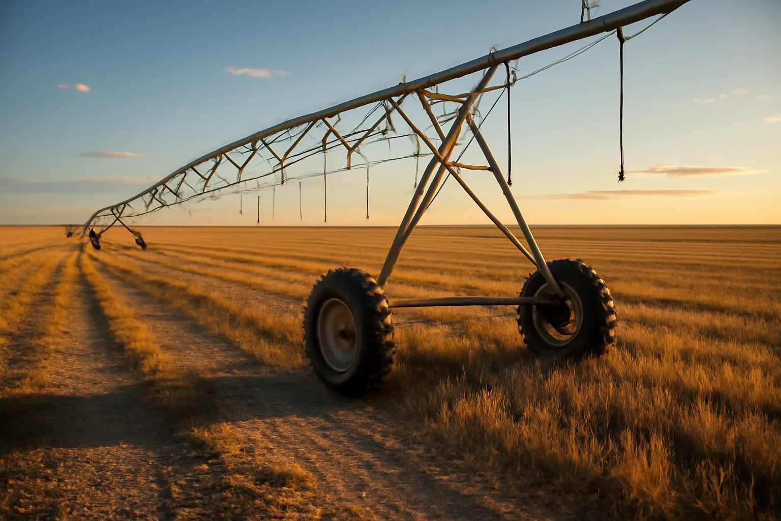 Center pivot standing in a Colorado wheat field at dusk