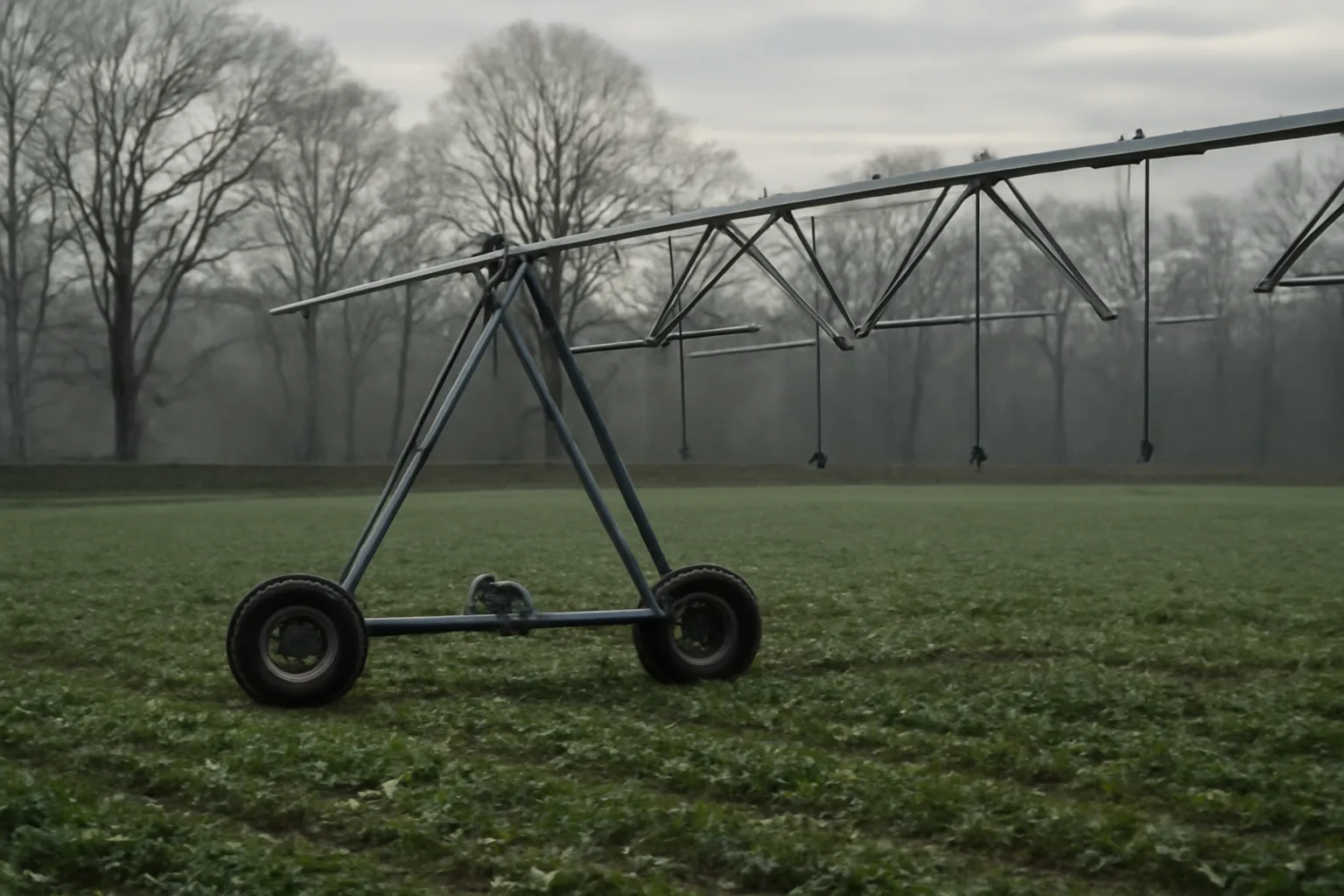 Idle center pivot in a wet Connecticut field at dawn