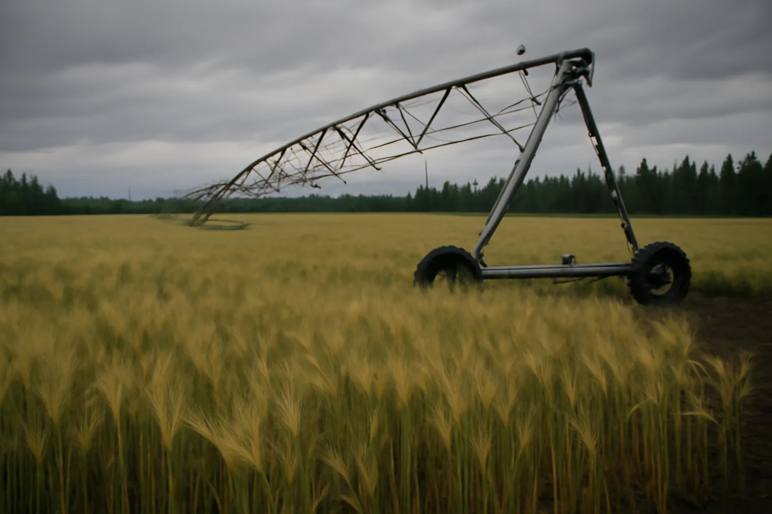 Center pivot span on a wet barley field in interior Alaska