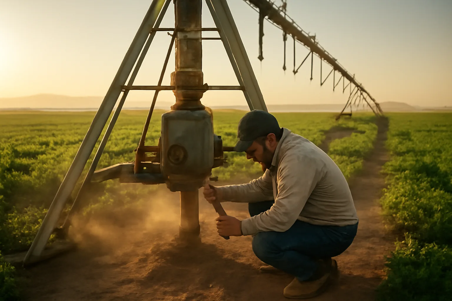 Mechanic repairing a center pivot gearbox in an Arizona alfalfa field