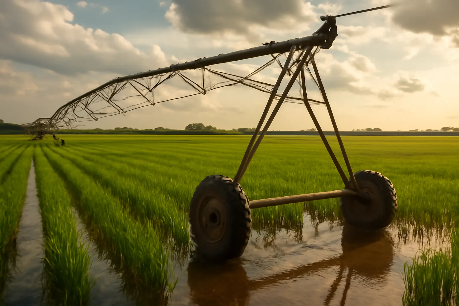 Unbranded center pivot spans over a flooded Arkansas rice field