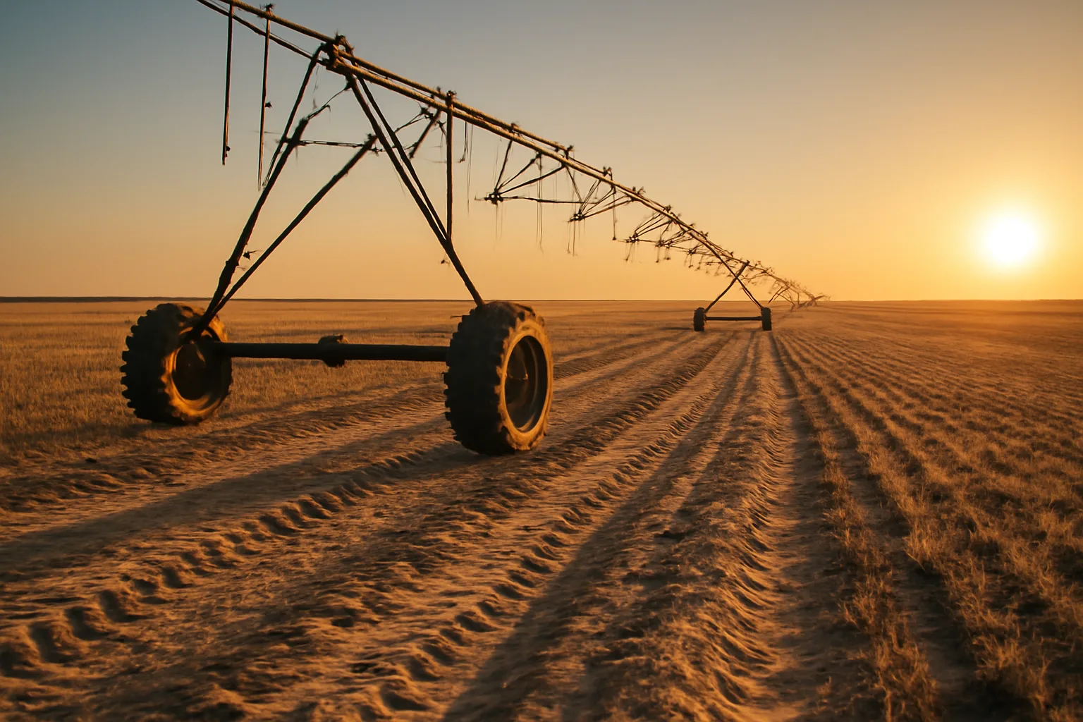 Center pivot irrigation system crossing a flat Texas High Plains wheat field at sunset
