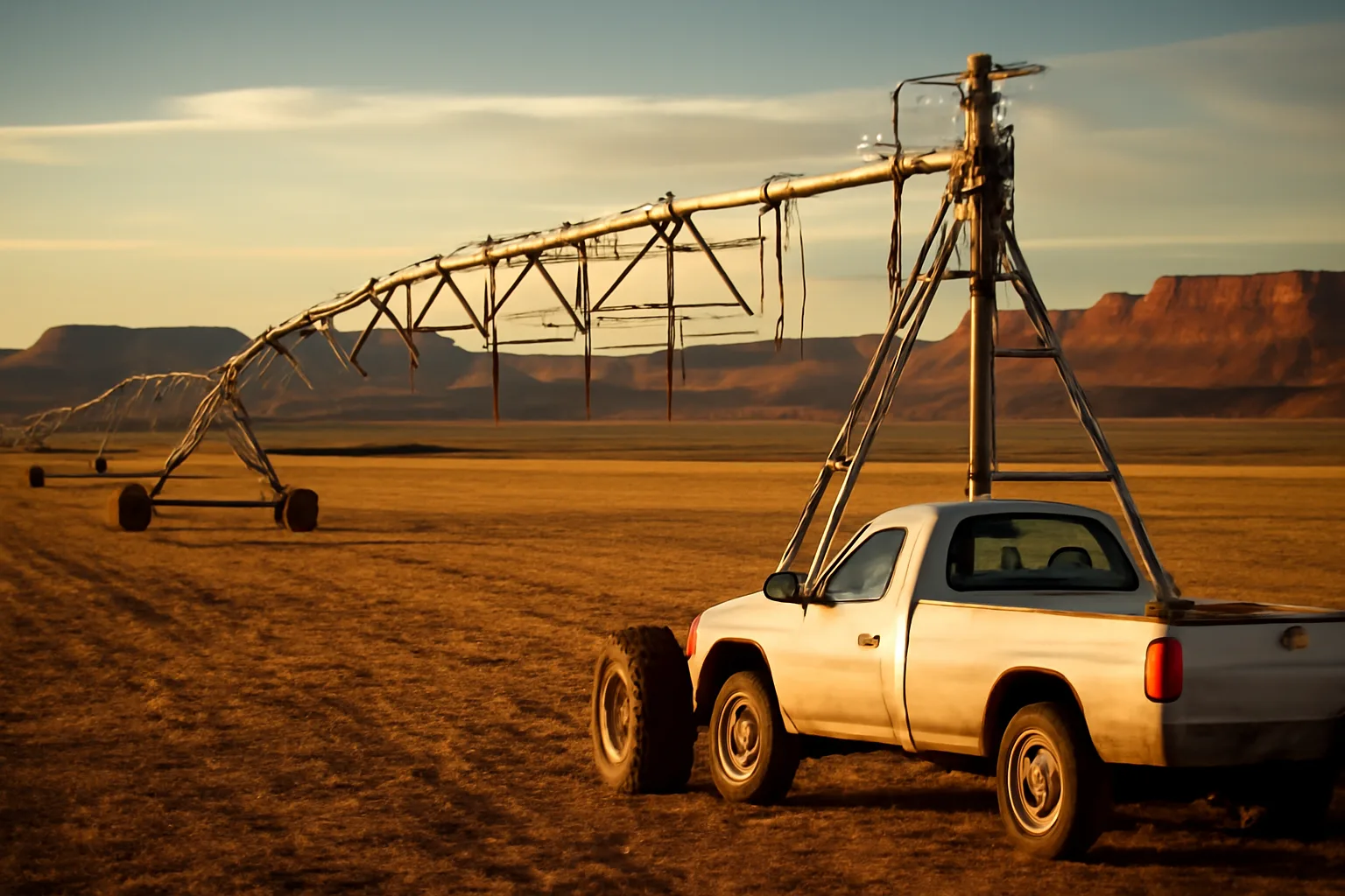 Center pivot irrigation system in a Utah valley with a repair service truck alongside a tower