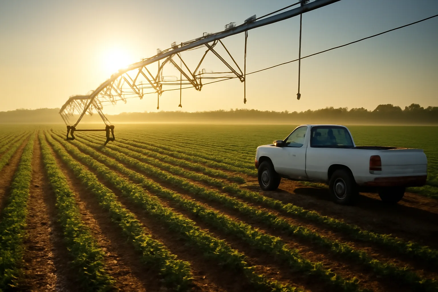 Center pivot repair scene on an Alabama farm at sunrise