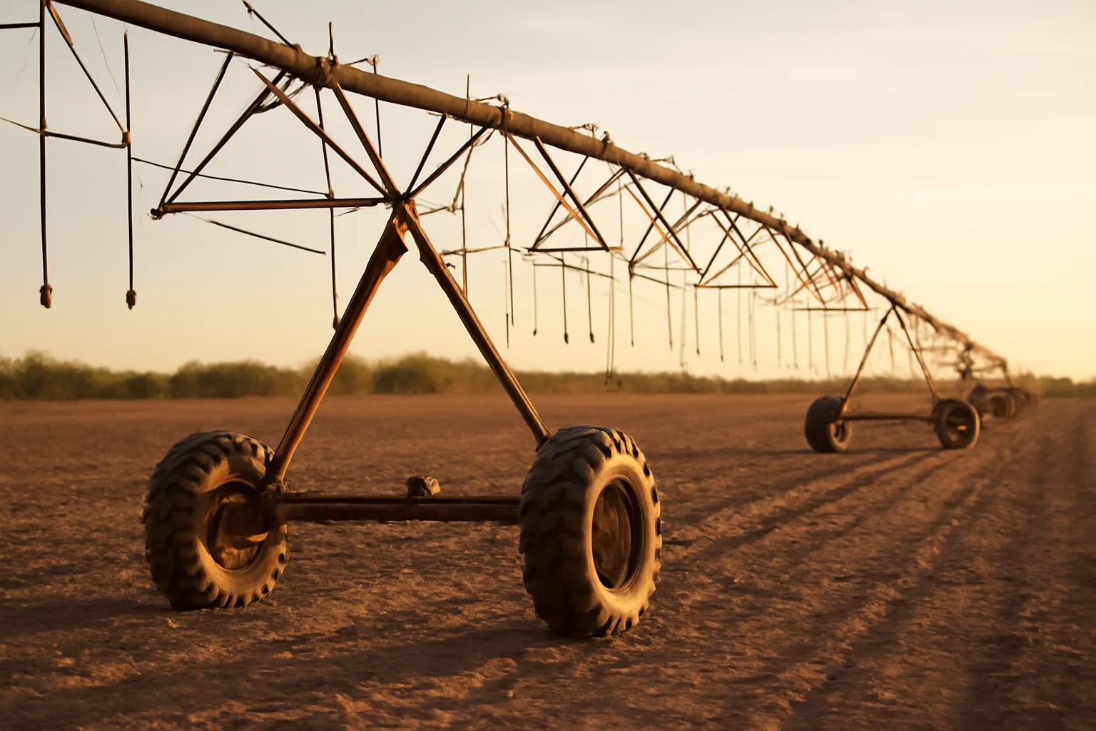 Center pivot span over a dry Arizona field at sunrise