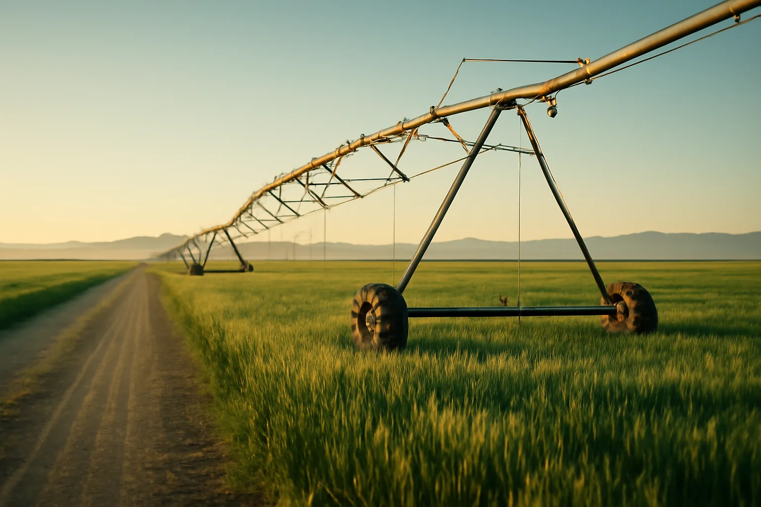 Steel center pivot over a green Colorado barley field at sunrise