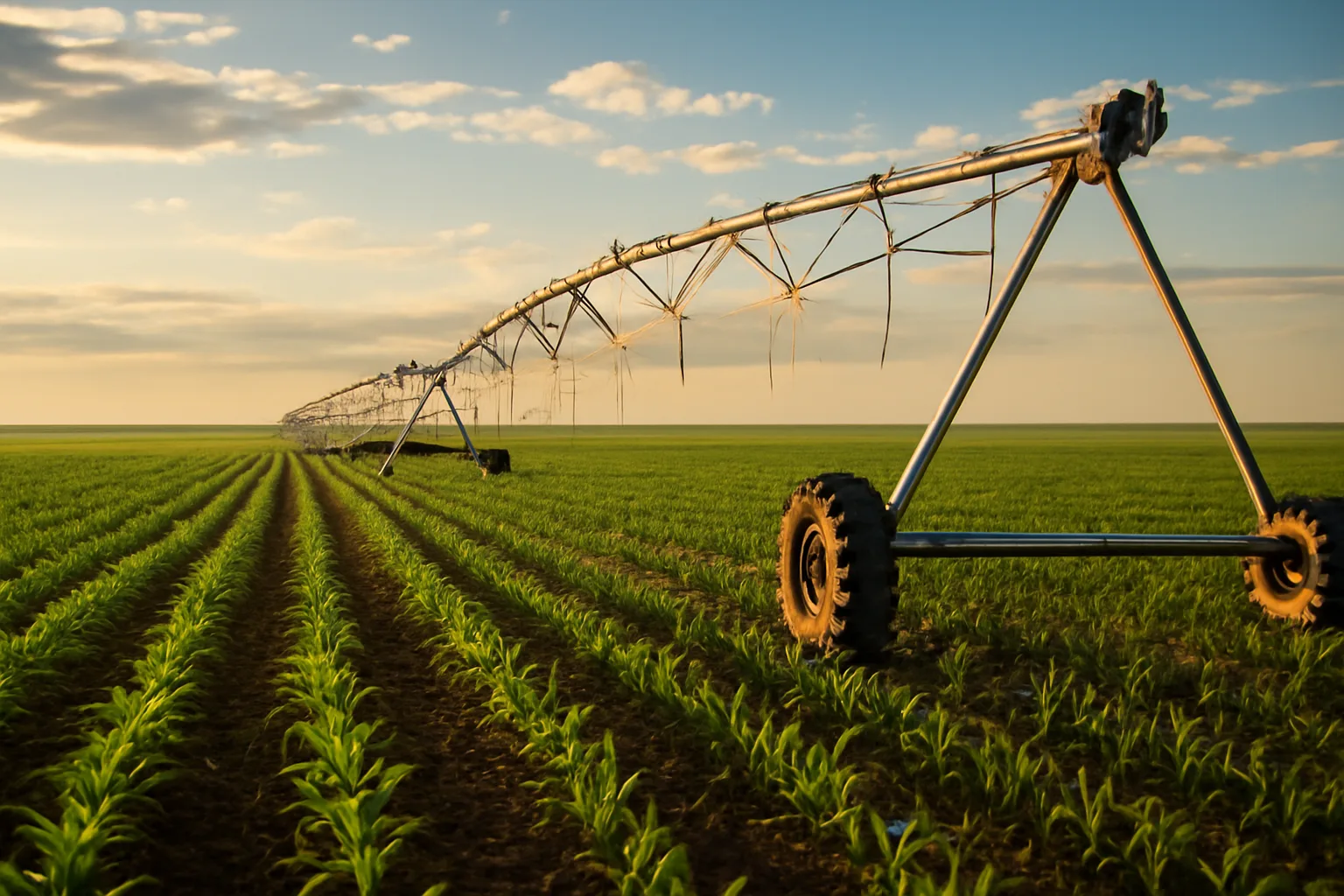 Center pivot irrigation system spanning a South Dakota corn field at sunset