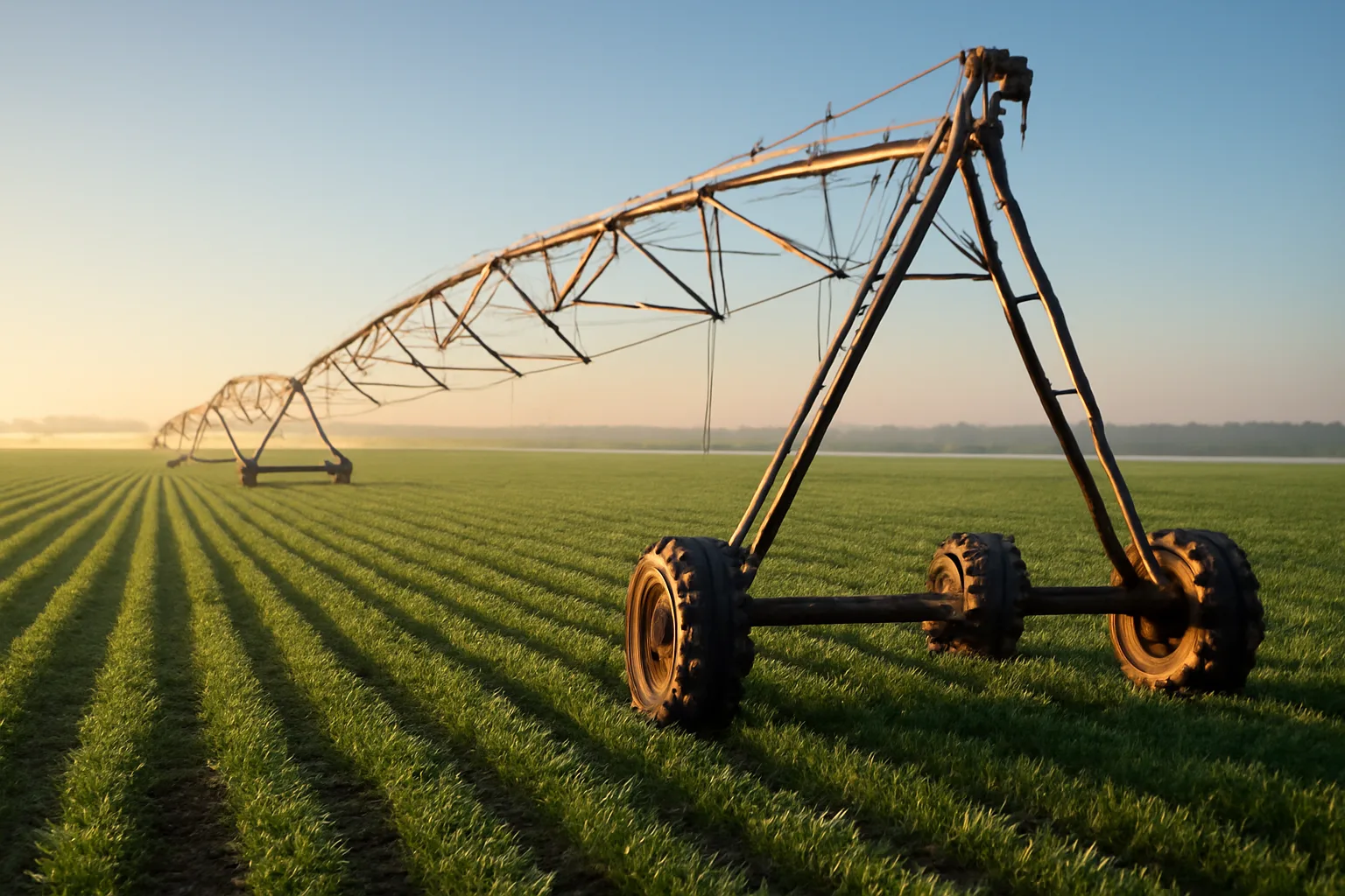 Center pivot irrigation tower over a Tennessee crop field at early morning light