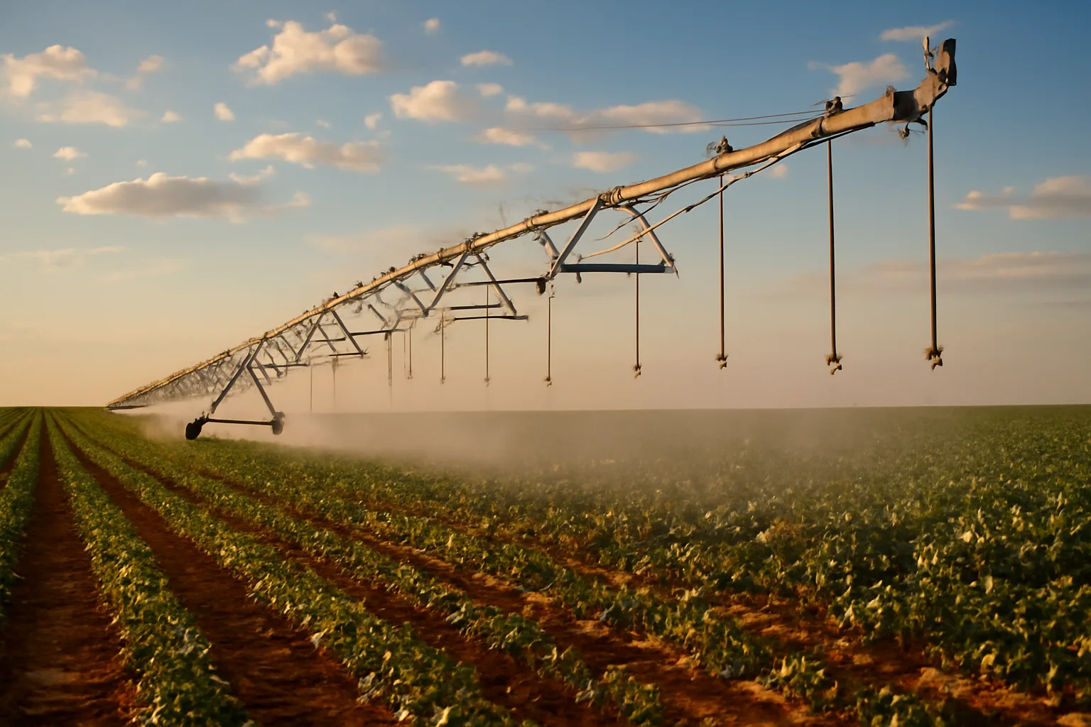 Center pivot irrigation system crossing a flat West Texas cotton field at sunset