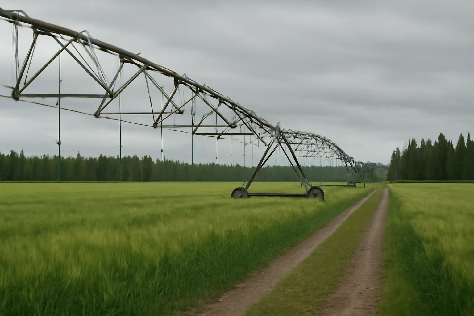 Weathered center pivot crossing a barley field in interior Alaska