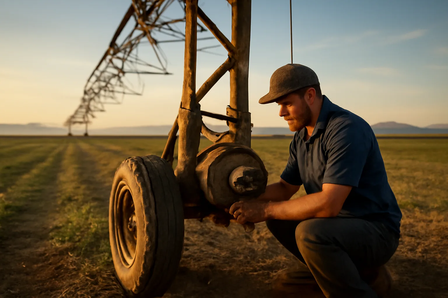 Technician repairs a center pivot gearbox in an Arizona alfalfa field