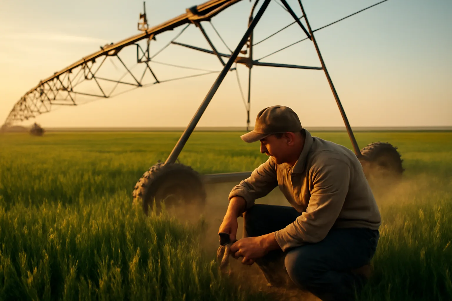 Mechanic repairs a center pivot tower drive in a Colorado wheat field