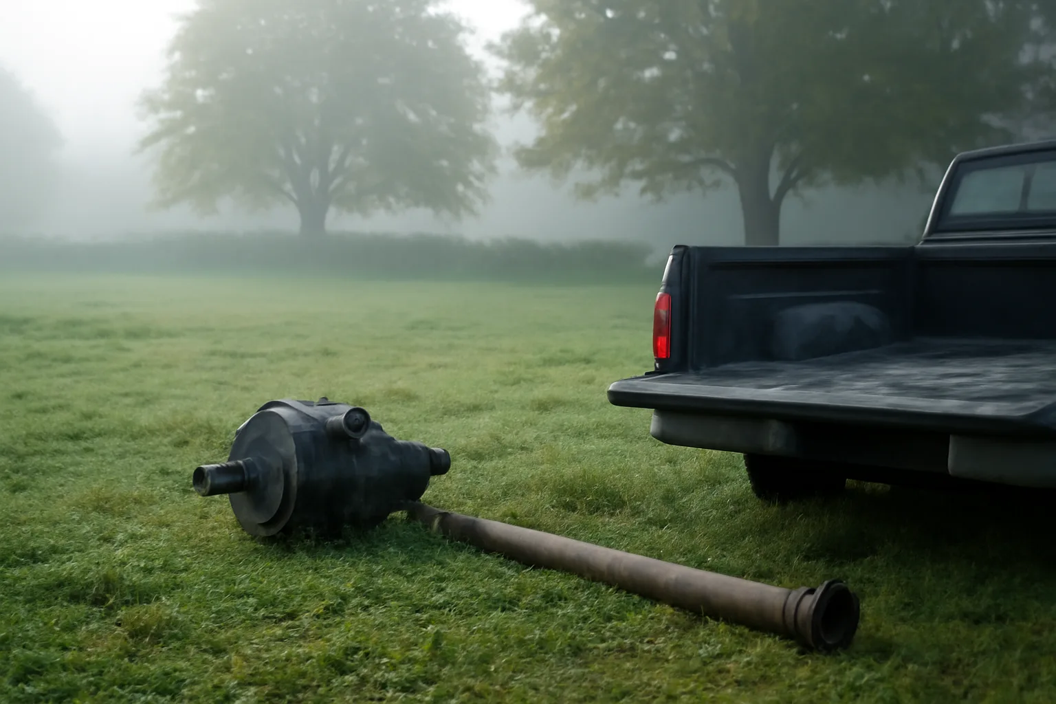 Gearbox and irrigation pipe in a foggy Connecticut hayfield