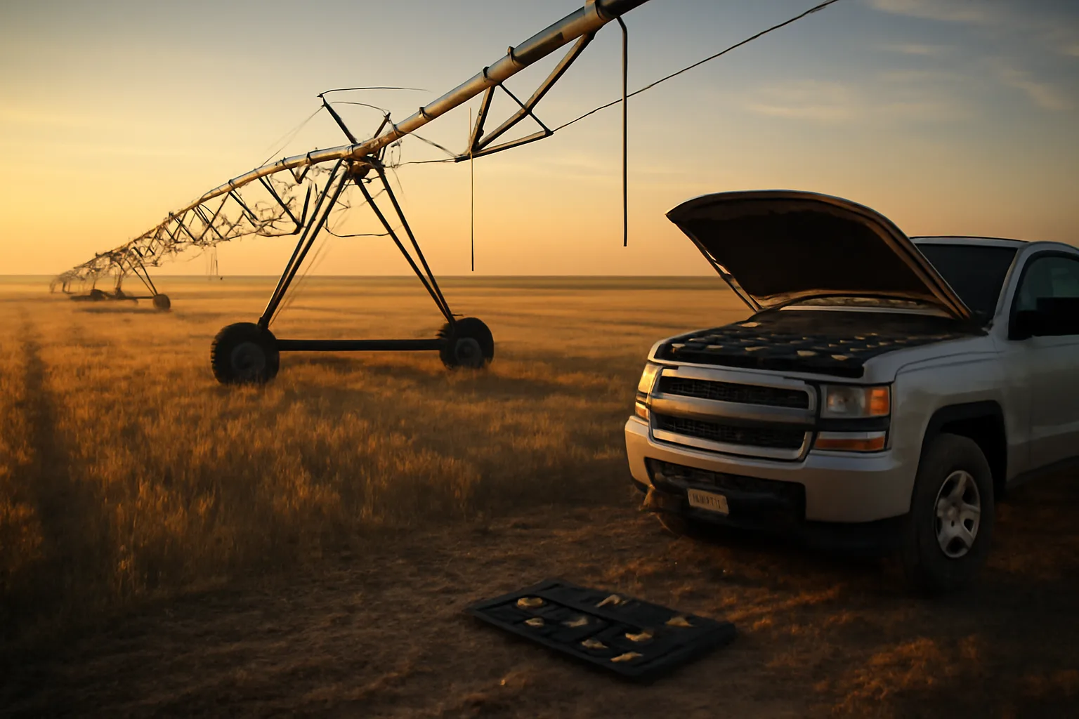 Center pivot irrigation system in Texas field with a service truck parked beside a tower at sunrise